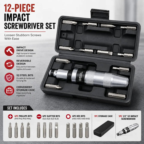 Heavy Duty Impact Screwdriver Set With 12 S2 Steel Bits, Reversible Hand Impact Driver For Rusted, Stubborn And Seized Screws in case