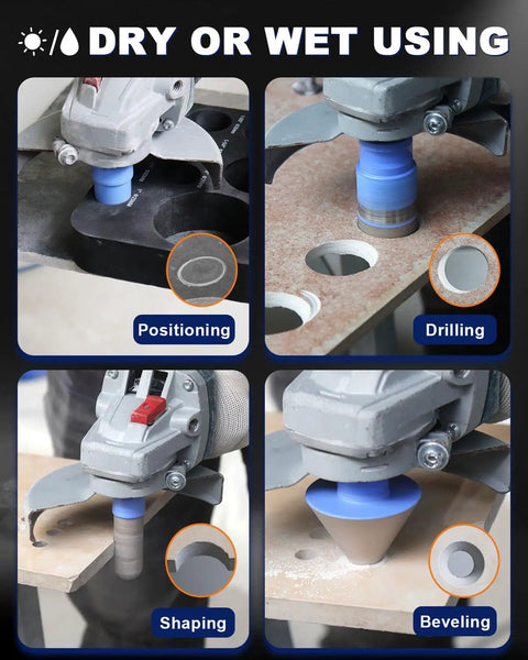 Slay Your DIY Proj With This Diamond Tile Hole Saw Kit Including Porcelain Ceramic Granite Marble Drill Bits And Beveling Chamfer Adapter in use for drilling and shaping.