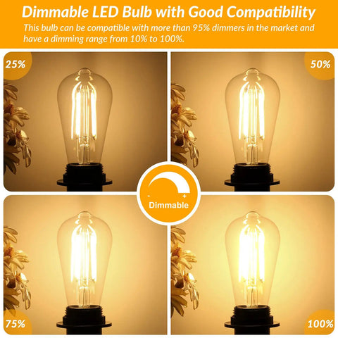 Dimmable Vintage LED Edison Bulbs 8W Filament, 100W Equivalent, four brightness levels, 1200 Lumens, ST58 ST19 Clear Glass, 3000K