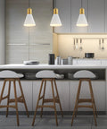 Mid Century Modern Iron LED Pendant Light With Sleek Black Metal Shade above kitchen island with white cone shades