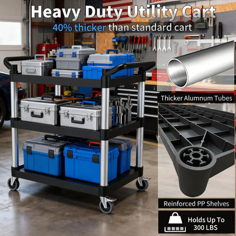 Heavy Duty 3 Tier Plastic Utility Cart On Wheels With 300 Lb Capacity And Quiet 4 Inch Casters With 2 Lockable Brakes Mobile Service Cart For Home Office Restaurant And Warehouse holding tools