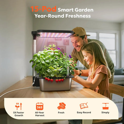 Smart Hydroponics Growing System Kit With 15 Pods, 36W LED Grow Light, App Control, Quiet Water Pump, indoor use on table