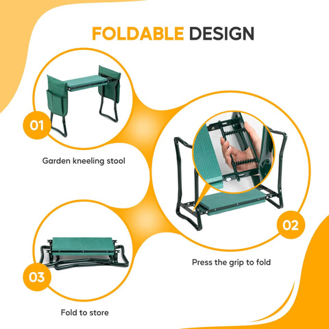 All In One Garden Kneeler And Seat Foldable Stool With Thick EVA Foam Pad Heavy Duty Bench With Tool Pouch showing foldable design steps