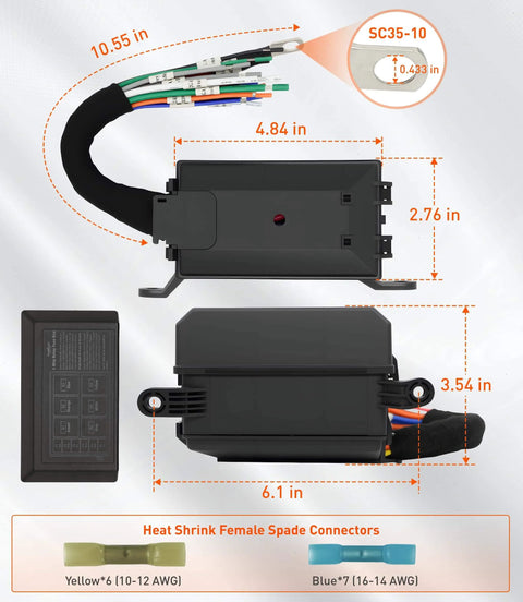 Dimensions of Beefy 6 Way Waterproof Fuse Relay Box With Built In Diodes Pre Wired 12 AWG Harness Includes Relays And Terminals ATC/ATO Fuses Heavy Duty 12V Automotive Marine Relay Panel For Cars Boats Trucks.