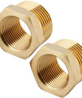 Two brass NPT reducer bushings, 1in male x 3/4in female, hex threaded fittings