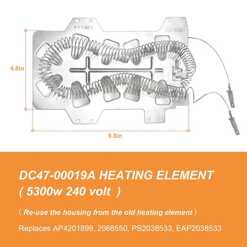 2 Pack Dryer Heating Element Replacement 5300W 240V Fits Most Dryers Replaces DC47-00019A showing heating coil and dimensions