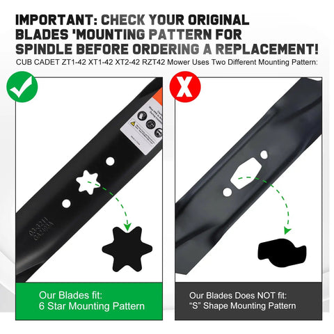 42 Inch Mower Blades Replacement For Cub Cadet Troy Bilt 942 04308 X 942 04308 For XT1 42 ZT1 42 LT42 Bronco Pony 42 Inch Zero Turn Lawn Tractor With Six Point Star Mounting Not For S Shaped Patterns mounting pattern comparison image