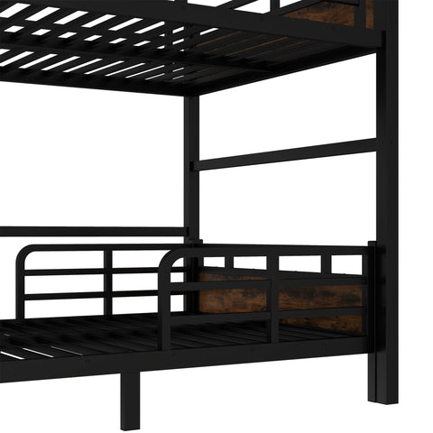 Close-up of black metal full-over-full bunk bed frame with guardrails and slatted bunks