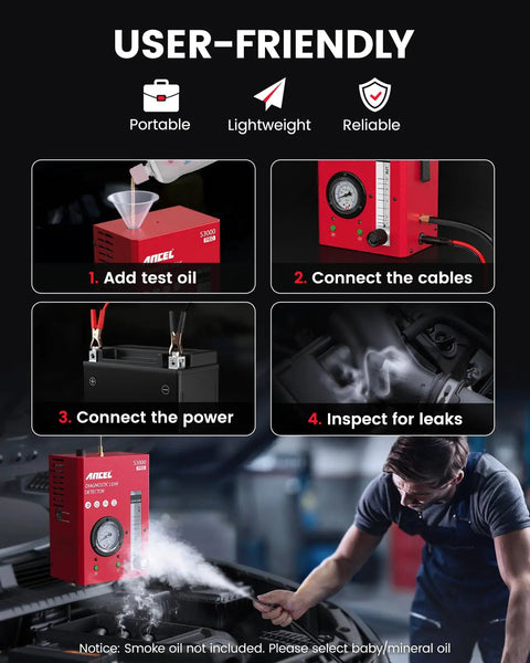 Pro Grade Automotive Smoke Machine With Built In Air Pump And Pressure Gauge For Easy Leak Detection In Vacuum, Fuel, EVAP And Engine Systems, A Complete Car Leak Testing Tools Kit For Fast Results shown in use