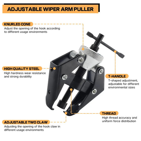 Heavy Duty Wiper Arm Removal Tool Kit For Cars Trucks SUVs And RVs Universal Carbon Steel Arm Bearing Remover Puller Set with Battery Terminal Puller, showing adjustable wiper arm puller with knurled cone and high-quality steel construction.