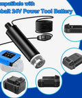 Real Deal 635 GPH Submersible Water Pump For Kobalt 24V Battery showing compatible battery units and a power switch for easy operation.