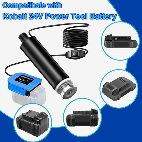 Real Deal 635 GPH Submersible Water Pump For Kobalt 24V Battery showing compatible battery units and a power switch for easy operation.