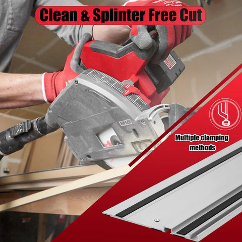 Craftsman using the 55 Inch Slick Aluminum Track Saw Guide Rail for precise, clean cuts on wood with minimal splintering.