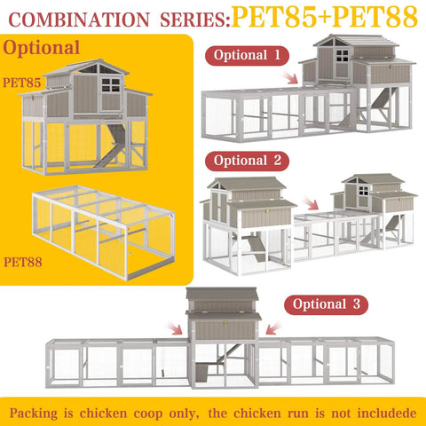 Combination series PET85+PET88 Spacious Wooden Chicken Coop With Run And Four Nesting Boxes For Backyard Farms, elevated hen house