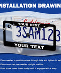 Installation drawing for Custom License Plate Frame With Your Own Text Personalize Now, showing frame and screws over a license plate.