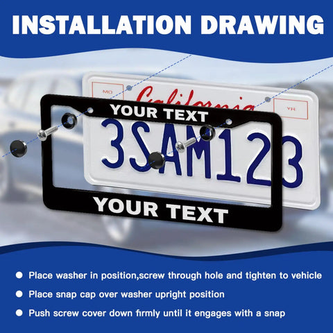 Installation drawing for Custom License Plate Frame With Your Own Text Personalize Now, showing frame and screws over a license plate.