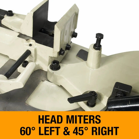 Rock Solid Heavy Duty Portable Miter Band Saw Featuring Smooth Hydraulic Descent And Tank Built Cast Iron Base For Sweet Lumber Cuts Plugged Directly Into Any Standard 110V Wall Socket For Weekend Projects