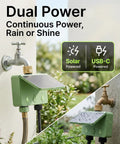 Two Zone Smart Garden Sprinkler Timer With Flow Meter For Hose showcased with solar panel in a garden setting.