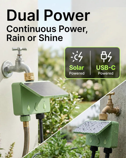 Two Zone Smart Garden Sprinkler Timer With Flow Meter For Hose showcased with solar panel in a garden setting.