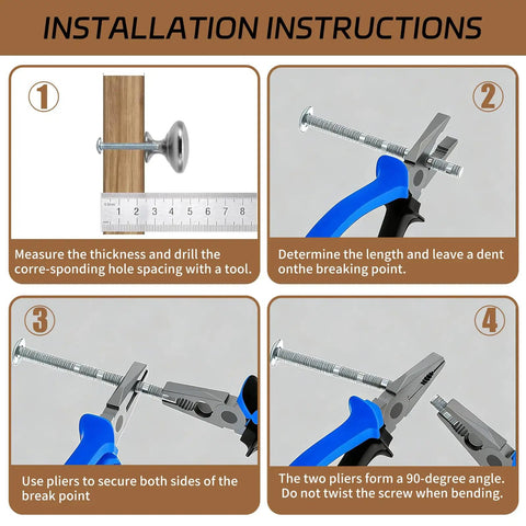 Installation instructions for 30 Pack Round Cabinet Knobs In Brushed Nickel To Upgrade Your Kitchen Cabinets Bathrooms Closets And Dressers Solid Zinc Alloy Drawer Pulls Slick Modern Cabinet Hardware Durable Easy To Install showing measurement, cutting, and bending steps with pliers.