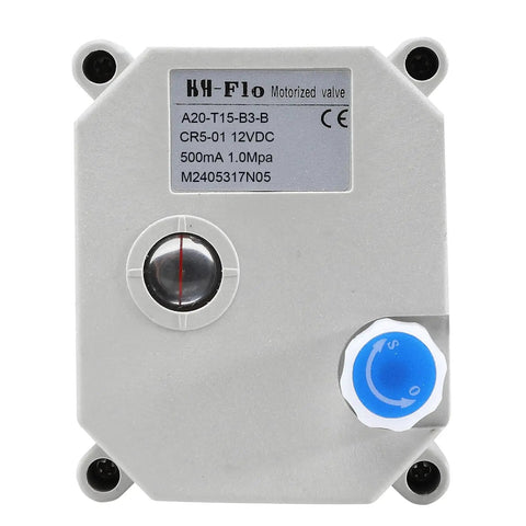 Top view of 12V DC Motorized Brass Ball Valve With L Port, showing label and position feedback dial