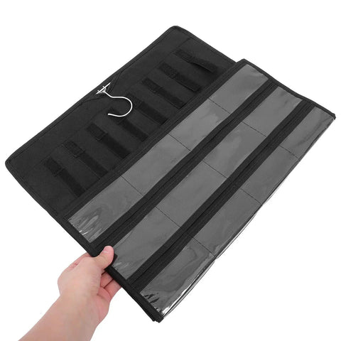Double Sided Jewelry Hanging Storage Organizer Bag For Closet With Pouch Keeps Watches Ties Hair Accessories Locked Away For Hella Neat Dresser Vibes Forever, showing open black fabric with clear pockets.