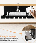 Heavy Duty Under Desk Cable Management Tray With No Drill C Clamp And Screw Mount 17 Inch Metal Cord Organizer For Home Office Keeps Wires Tidy Boss Level Setup Black Finish Holds Up To 2.2lbs under desk with visible cable placement