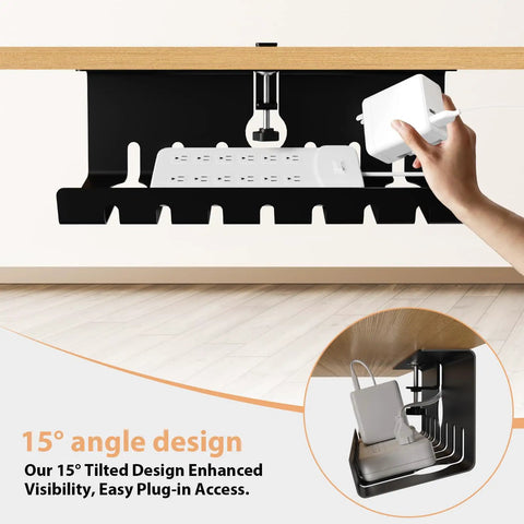 Heavy Duty Under Desk Cable Management Tray With No Drill C Clamp And Screw Mount 17 Inch Metal Cord Organizer For Home Office Keeps Wires Tidy Boss Level Setup Black Finish Holds Up To 2.2lbs under desk with visible cable placement