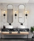Lit Black Crystal Vanity Lights Set Of 2 Industrial Mid Century Wall Sconces For Bathroom Long Reading Lamps on marble wall