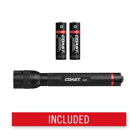 G26 415 Lumen Bulls Eye Spot Beam LED Flashlight With Batteries Included, showing flashlight and two batteries on white background.