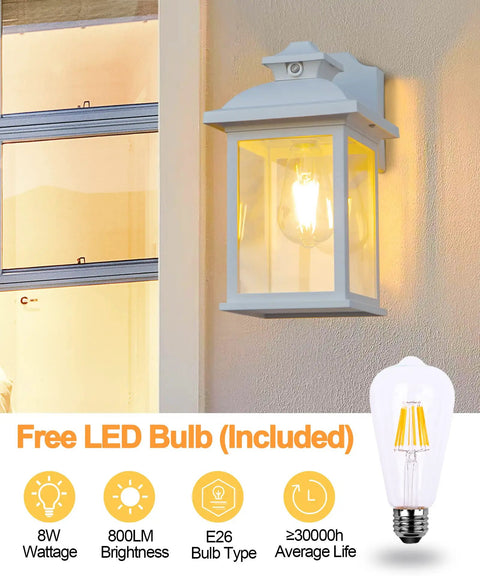 Dusk To Dawn Outdoor Wall Lantern With Sensor Waterproof Porch Light Easy Install Fixture E26 Socket 3000K LED Edison Filament Bulb Included Anti Corrosion White Plastic Frame Weatherproof Sconce For Patio Driveway