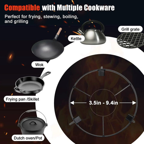 Beefy Campfire Tripod For Cooking Heavy Duty Outdoor Fire Pit Stand showing compatibility with cookware like wok, kettle, skillet