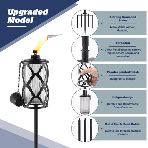 4 Pack Gray Glass Outdoor Garden Torches 59 Inch Tall With Upgraded 16 Oz Citronella Fuel 5 Prong Grounded Stake Metal Light Torches For Patio Pathway Party Decor And Create A Chill Backyard Vibe features.