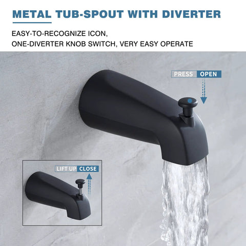 Shower Tub Kit With Valve Included Five Setting Handheld Shower Head And Tub Spout Single Handle Tub And Shower Trim Kit DIY Friendly Matte Black Finish Brass Valve Body With Pressure Balance For Safe And Consistent Water Temperature showing metal tub spout with diverter and flowing water