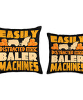 Country Hay Bale Farming Throw Pillow For Farmers And Farmhouse Decor Hay Season Themed Pillow With Durable Polyester Cover Double Sided Print Hand Cut And Sewn Baler Machines Inspired Farmhouse Cushion with text 'Easily Distracted by Baler Machines' on black background featuring orange pumpkins.