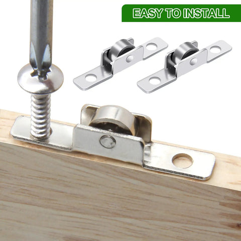 Top Shelf Heavy Duty 3/8 Inch Sliding Window Rollers 12 Pack Metal Wheels, close-up of installation on wood with screw and roller.