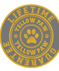 Circular yellow and gray badge logo featuring a large central paw print, small side paw prints, and ringed text.