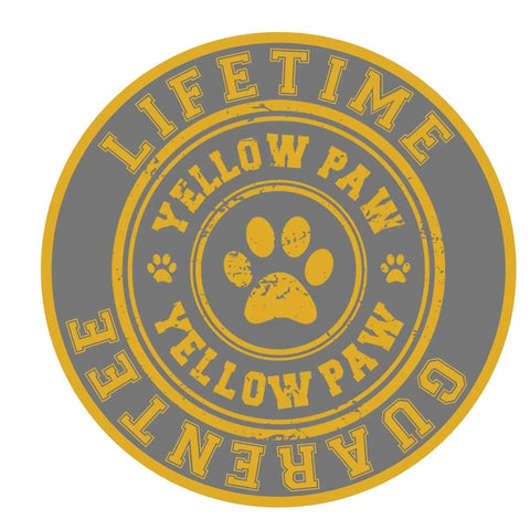 Circular yellow and gray badge logo featuring a large central paw print, small side paw prints, and ringed text.