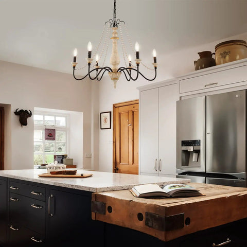 French Country Farmhouse Six Light Chandelier With Wood Bead Accents For Dining Room Living Room And Bedroom, Distressed White Wood Finish, 29.5 Inch Diameter, Adjustable Chain Up To 59.1 Inches, A True Statement Piece For Cozy Vibe Homes in kitchen setting