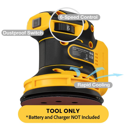 Five Inch Brushless Cordless Random Orbital Sander Cranks Out Twelve Thousand Opm features 6-speed control and dustproof switch.