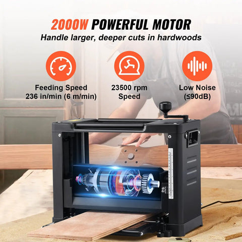 Heavy Duty Benchtop Wood Planer With A 13 Inch Worktable And 15 Amp Motor For Cutting Through Hardwood And Softwood Stock. Extended Infeed Tables And Quiet Operation Keep Your Workshop A No Sweat Zone For Smooth Fine Results. showcasing powerful 2000W motor and feeding speed