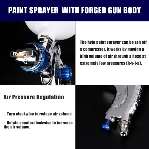 Close-up of HVLP Paint Sprayer Kit With Three Nozzles 1.4mm 1.7mm 2.0mm, 600cc Gravity Cup, focus on blue air pressure regulator.