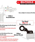 Graphic showing caliper measuring 6mm thread diameter with guide for selecting proper thread repair kit size, focusing on M6 x 1.0 kit.