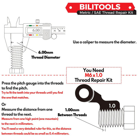 Instructions for using caliper to measure thread diameter for M6x1.0 Thread Repair Kit
