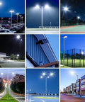Dual Bullhorn Mounting Brackets For LED Parking Lot Lights 180 Degree Round Pole Mounts illuminating a parking area at night