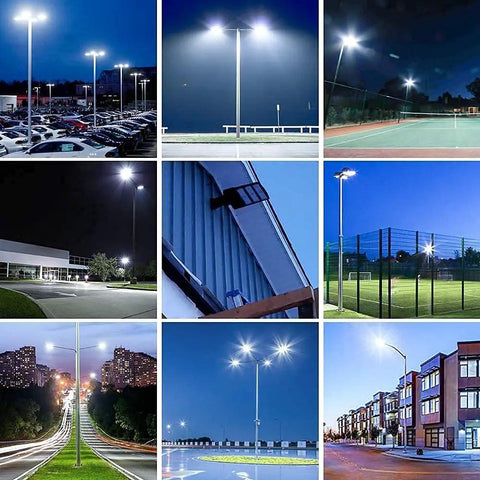 Dual Bullhorn Mounting Brackets For LED Parking Lot Lights 180 Degree Round Pole Mounts illuminating a parking area at night