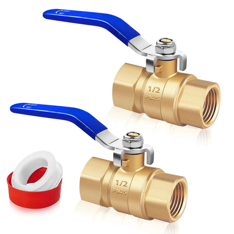 1/2 Inch Brass Ball Valve Set Heavy Duty Full Port Forged Brass Shut Off Valves Female NPT To Female NPT Thread 2 Pack with tape
