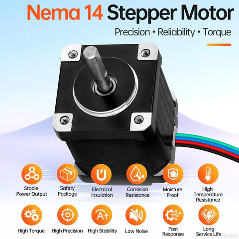 NEMA 14 stepper motor front view with black aluminum body, mounting flanges, exposed shaft, 4-wire cable.