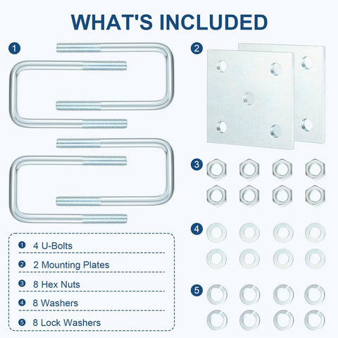 Two Piece Square U Bolt Kit for Boat Trailer Axle Leaf Springs showing U-bolts, tie plates, nuts, washers in layout