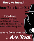 Image of Heavy Duty Door Barricade Security Kit With Install Hardware Built Tough For 2 By 4 Wood Beams And 2000 Lbs Bend Resistance Mount, featuring list of contents and illustration of a shadow figure.
